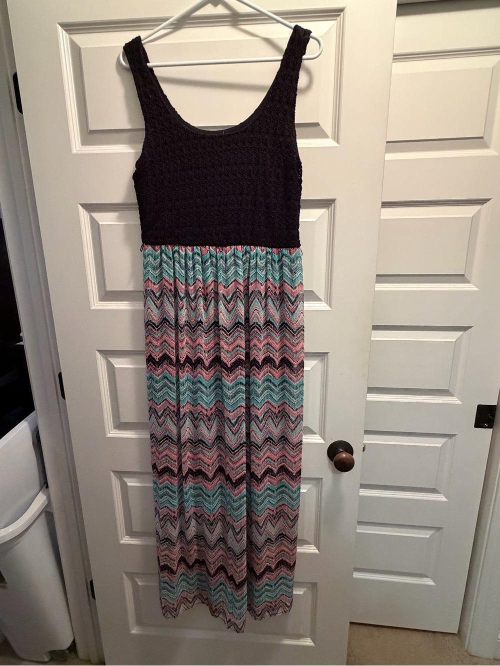 Lily Rose Black Crochet Bodice Maxi Dress with Pink and Aqua Chevron Skirt